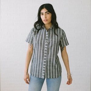 Tradlands Cotton Button Down Short Sleeve Box Top Gray Striped - Large